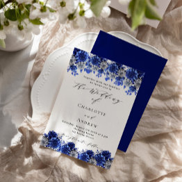 Small Royal Blue White Florals Script Wedding Invitation Front View