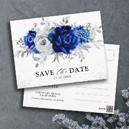 Small Royal Blue White Silver Floral Save The Date Postinvitations Front View