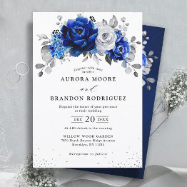 Small Royal Blue White Silver Metallic Floral Wedding In Invitation Front View