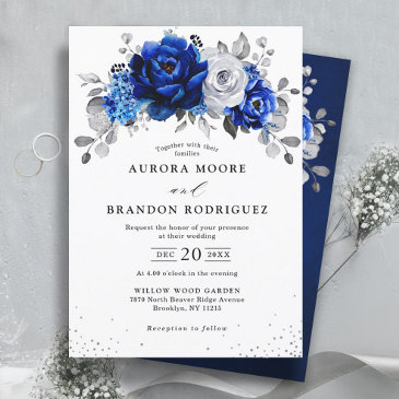 royal blue white silver metallic floral wedding in invitation