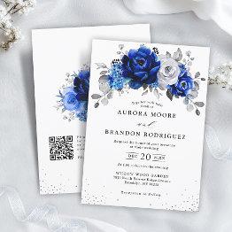 Small Royal Blue White Silver Qr Code Floral Wedding Invitation Front View