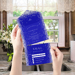 Small Royal Blue White Silver Rsvp Wedding All In One Invitation Front View