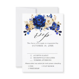 Small Royal Blue Yellow Gold Metallic Floral Wedding Rsvp Invitations Front View