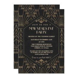 Small Royal Gold Black Great Gatsby 1920s New Year Party Invitation Front View