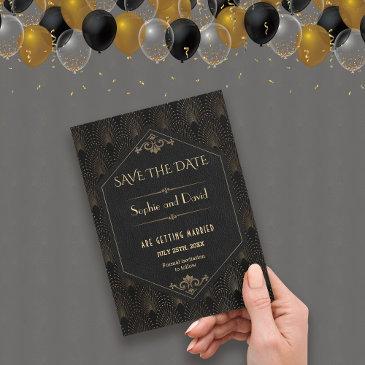 royal gold black great gatsby art deco wedding invitation
