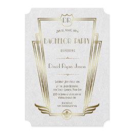Small Royal Gold White Art Deco Monogram Bachelor Party Invitation Front View