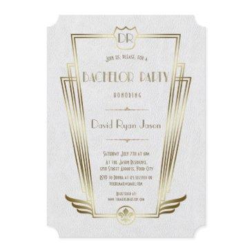 royal gold white art deco monogram bachelor party invitation