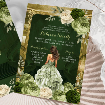 royal grand palace sage green quinceañera invitation