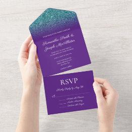 Small Royal Purple And Teal Ombre Glitter Wedding All In One Invitation Front View