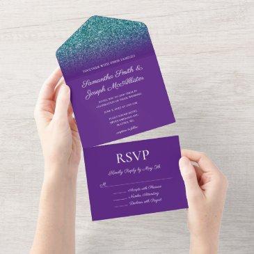 royal purple and teal ombre glitter wedding all in one invitation