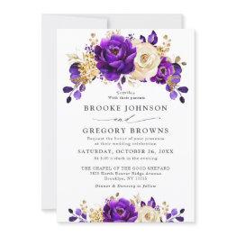 Small Royal Purple Violet Gold Floral Botanical Wedding Invitation Front View