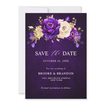 royal purple violet gold floral botanical wedding save the date