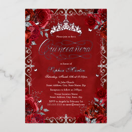 Small Royal Red Silver Butterfly Rose Quinceanera Foil Invitation Front View