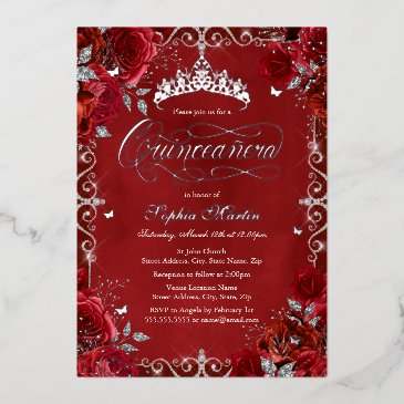 royal red silver butterfly rose quinceanera foil invitation