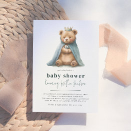 Small Royal Teddy Bear Little Prince Boy Baby Shower Invitation Front View