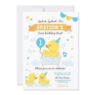 rubber duck first birthday party blue yellow invitation