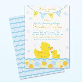 Small Rubber Ducky Baby Shower Invitation Blue & Yellow Front View