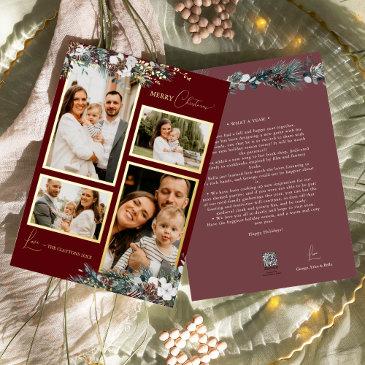 ruby red greenery vintage four photo collage foil holiday invitations