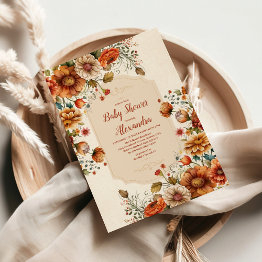 Small Rust Terracotta Flowers Baby Shower Invitation Front View