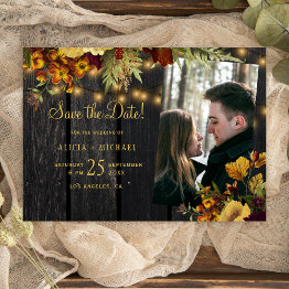 Small Rustic Autumn Fall Floral Wood Photo Wedding Save The Date Front View