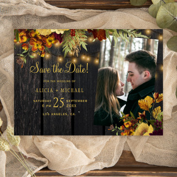 rustic autumn fall floral wood photo wedding save the date