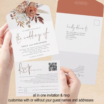 rustic autumn florals qr code script wedding all in one invitation