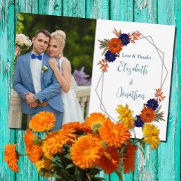 Small Rustic Autumn Orange Navy Blue Floral Wedding Thank You Invitations Front View
