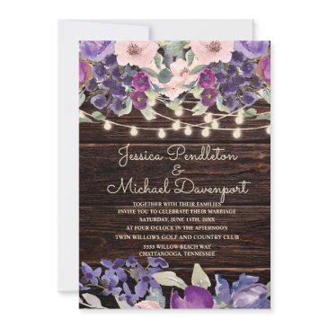 rustic barn wood string lights purple pink floral invitation