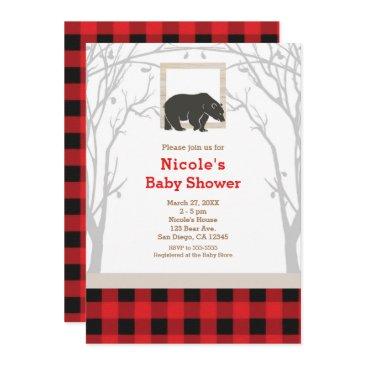 rustic bear plaid baby shower invitations