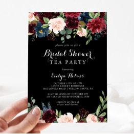 Small Rustic Black Botanical Bridal Shower Tea Party Invitation Front View