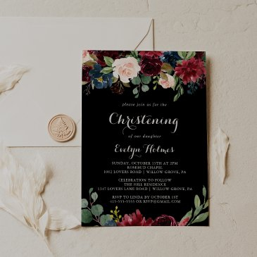 rustic black botanical christening invitation