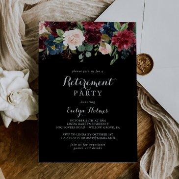 rustic black botanical retirement party invitation