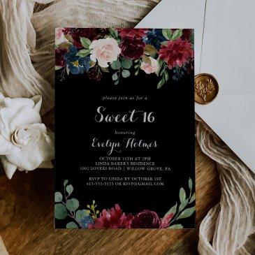 rustic black botanical sweet 16 birthday party invitation