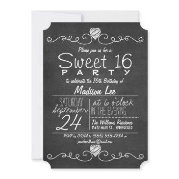 rustic black & white chalkboard sweet 16 party invitation