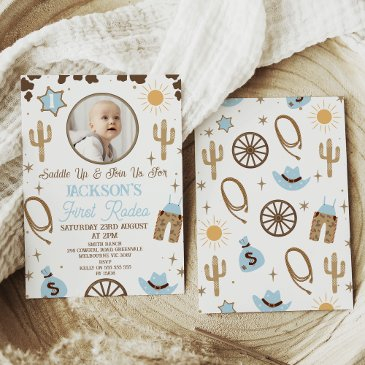 rustic blue brown boys first rodeo 1st birthday invitation