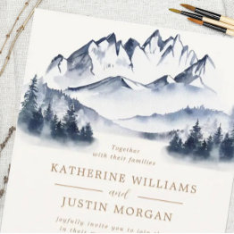 Small Rustic Blue Mountain Wedding Invitation Front View