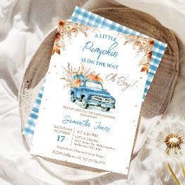 Small Rustic Blue Truck Little Pumpkin Baby Shower Invitation Front View