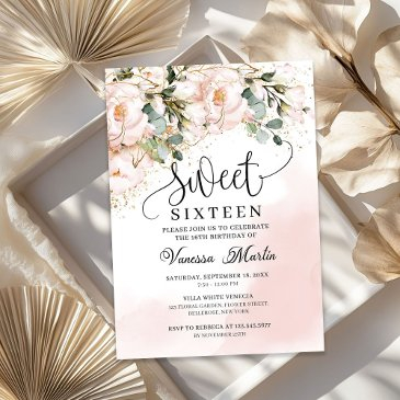 rustic blush pink floral rose gold sweet sixteen invitation
