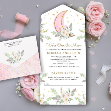 rustic blush pink ivory floral moon baby shower all in one invitation