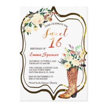 rustic boho cowgirl floral boots sweet 16 b'day invitation