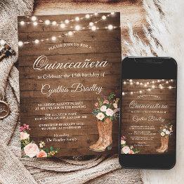Small Rustic Boots Cowgirl Quinceañera 15th Birthday Invitation Front View