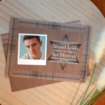 rustic brown plaid bar mitzvah photo invitation