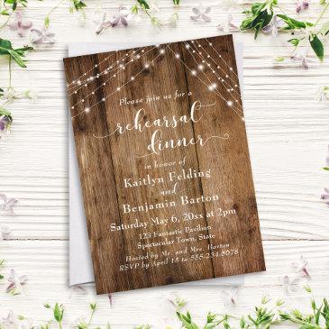 rustic brown wood & light strings rehearsal dinner invitation