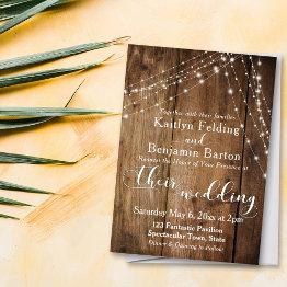 Small Rustic Brown Wood, White Light Strings Wedding 2 Invitation Front View