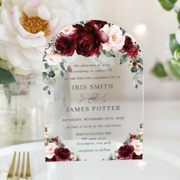 rustic burgundy blush floral roses arch wedding acrylic invitations