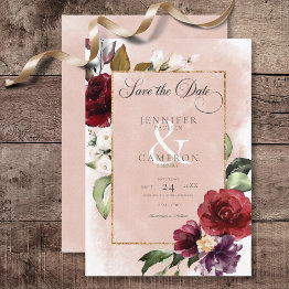 Small Rustic Burgundy & Blush Pink Roses Wedding Save The Date Front View