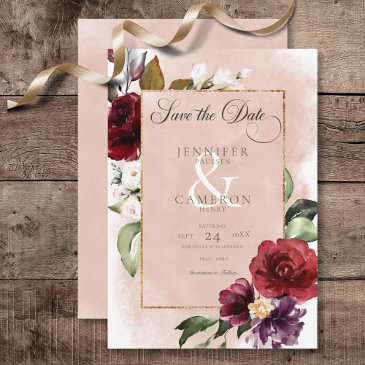 rustic burgundy & blush pink roses wedding save the date