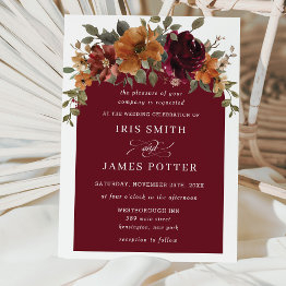 Small Rustic Burgundy Burnt Orange Floral Arch Wedding Invitation Front View