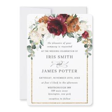 rustic burgundy burnt orange ivory floral wedding invitation