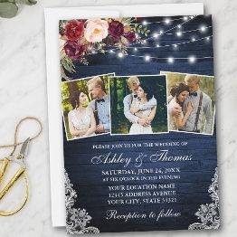 Small Rustic Burgundy Floral Lace Lights 3 Photo Wedding Invitation Front View